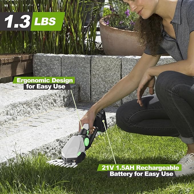 Cordless Hedge Trimmer,21v Electric Grass Shears & Shrub Trimmers,Handheld 2-in-1 Battery Powered Hedge Trimmer for Patio/Lawn, Gardening Tools, Included Charger (Gray-Green+1* Battery)