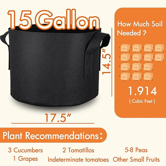 Gardzen 10-Pack 15 Gallon Grow Bags, Aeration Fabric Pots with Handles