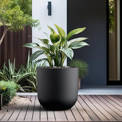 Kante 16.5" Round Concrete Planter, Large Cylinder Plant Pot with Curved Bottom and Drainage Hole, for Indoor and Outdoor Use – Garden or Patio, Black Finish with Warm Brown Interior