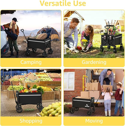 Collapsible Wagon Cart with Wheels Foldable - Folding Utility Heavy Duty Wagons Carts for Grocery Sports Garden Shopping Camping Wheelbarrows (Black, 90L)