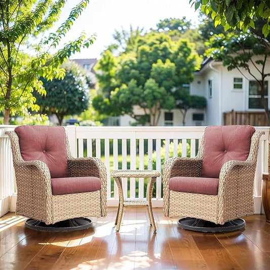 Luxury Wicker Swivel Patio Chairs Set of 3, Outdoor Swivel Rocking Chairs with Side Table, Outdoor Bistro Set for Patio, Porch, Yard, Deck, Poolside, Yellow/Red