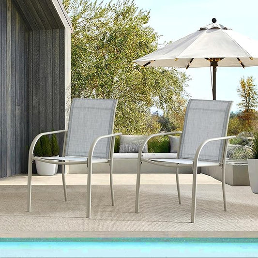 Patio Chairs Set of 2, Outdoor Dining Chairs with Breathable Textilene Fabric, Stackable Patio Chairs for Lawn, Garden, Backyard, Poolside, Beige