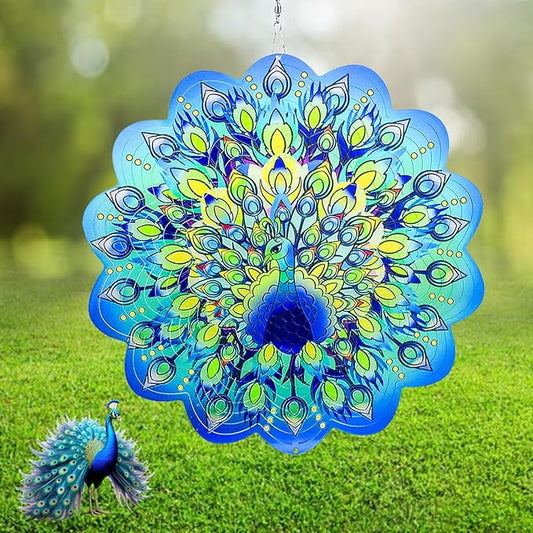 Peacock Wind Spinners Outdoor Hanging Decor - 12 Inch Peacock Garden Decor for Outside, 3D Stainless Steel Metal Wind Spinners, Yard Decorations Outdoor Gardening Gifts for Women