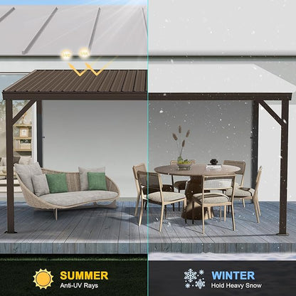 Domi 10’x12’ Lean-to Gazebo, Hardtop Wall-Mounted Gazebo Pergola with Sloping Galvanized Steel Roof and Upgraded Drainage System, Outdoor Permanent Metal Shelters for Patio Backyard Deck, Brown