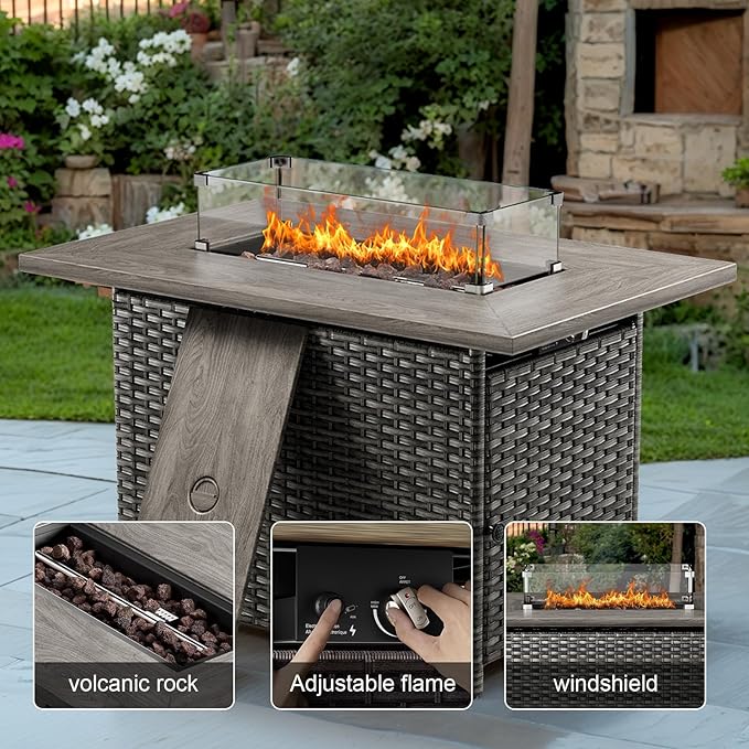 Wicker Outdoor Conversation Se with 50,000 BTU Gas Propane Fire Pit Tablet-7 Pieces Outdoor Wicker High Back Couch Patio Furniture for Deck Poolside Backyard