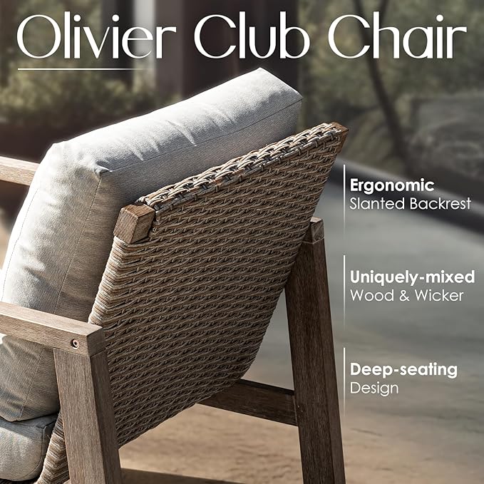 IDZO Olivier Premium Eucalyptus Outdoor Club Chairs Set of 2, 400lbs Heavy Duty Patio Furniture Set, Ergonomic Slanted Backrest Design, 4.5in Thick Cushion, Wood Wicker Silver Gray