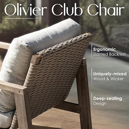 IDZO Olivier Premium Eucalyptus Outdoor Club Chairs Set of 2, 400lbs Heavy Duty Patio Furniture Set, Ergonomic Slanted Backrest Design, 4.5in Thick Cushion, Wood Wicker Silver Gray