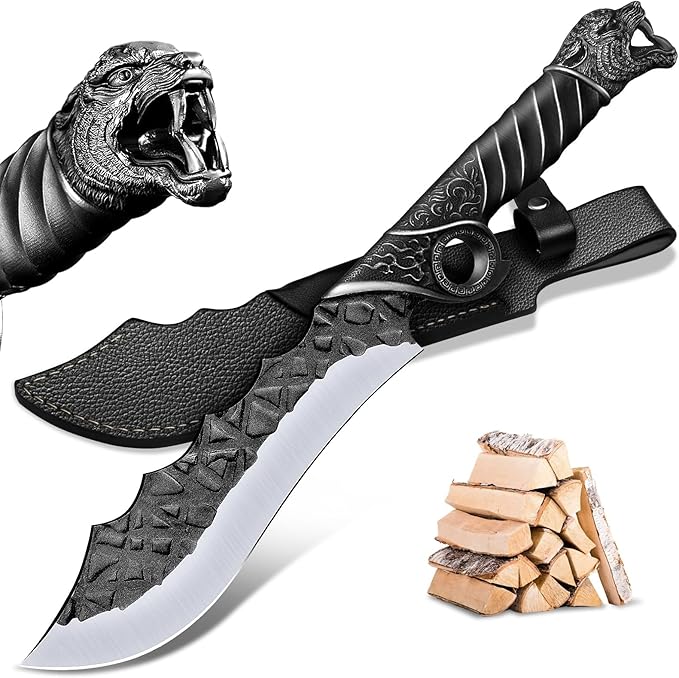 Purple Dragon Heavy Duty Machete for Cutting Trees – Japanese Forged Survival Machete with Tiger Head Handle, Gardening Machetes with Leather Sheath, Yard Work & Outdoor Camping Machetes