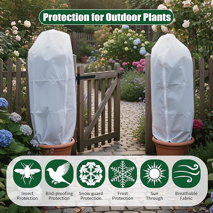 2 Packs Plant Covers Freeze Protection Frost Cloths for Outdoor Plants with Zipper Drawstring Jacket Cover Bags for Shrub Bush Tree Potted Cold Weather Garden Warm Insulation (white, 31.5" W x 47"H)