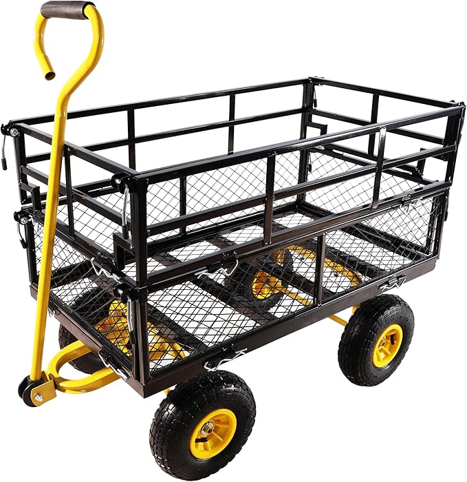 Heavy Duty Garden Wagon with Foldable Sides, Pneumatic Tires, Adjustable Handle (Yellow + Black Double Layer)
