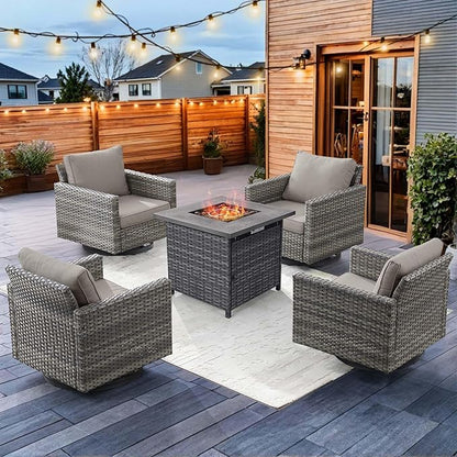 HUMMUH 5 Piece Patio Furniture Set,Wicker Swivel Rocker Patio Chairs Set of 4 with 30'' Fire Pit Table Outdoor Furniture Set for Porch,Garden,Backyard