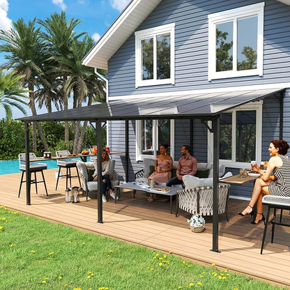 MEISSALIVVE 12' x 16' Wall Mounted Gazebo, Outdoor BBQ Grill Gazebo with Side Shelf, Lean to Metal Awnings with Sloped Roof, Heavy Duty Pergola for Backyard, Deck, Black