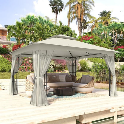 COOS BAY 10x12 Outdoor Patio Gazebo with Netting, Two-Tier Soft Top Canopy for Backyard, Lawn, Deck and Garden, Beige