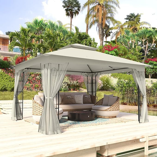 COOS BAY 10x12 Outdoor Patio Gazebo with Netting, Two-Tier Soft Top Canopy for Backyard, Lawn, Deck and Garden, Beige