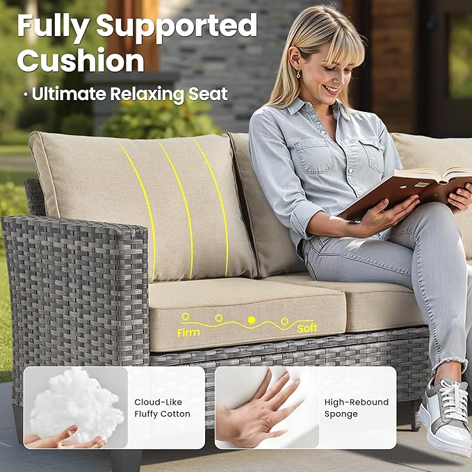 ovios 9 Pieces Patio Furniture Set with 54" Fire Pit Table, Outdoor Sofa Couch with Solar Lights Table Comfy Cushions, Modern Deep Seat Wicker Rattan Conversation Set, Beige