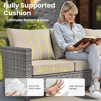 ovios 4 Pieces Patio Furniture Set Outdoor Sofa Couch with Solar Lights Table Comfy Cushions, Modern Deep Seat Wicker Rattan Conversation Set for Porch Deck, Beige