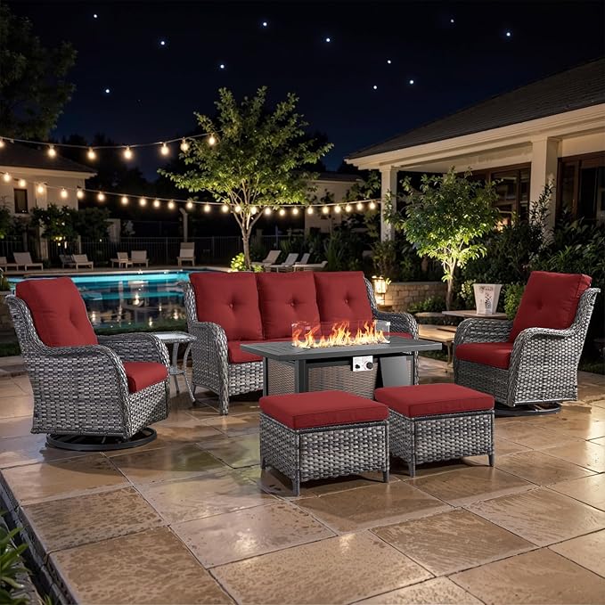 7 Pieces Patio Furniture Set with Fire Pit Table, Wicker Rattan Outdoor Furniture Set with Swivel Rocker Chairs for Yard, Deck, Garden, Grey/Red