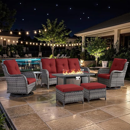 7 Pieces Patio Furniture Set with Fire Pit Table, Wicker Rattan Outdoor Furniture Set with Swivel Rocker Chairs for Yard, Deck, Garden, Grey/Red