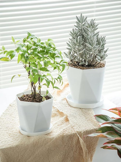 Sun-E Planters for Indoor Plants Flower Pots 7.6/6.5/5.1Inch Set of 3 Plant Pots for Outdoor with Drainage Holes and Saucers Modern Decorative Gift Idea (Pearl White)