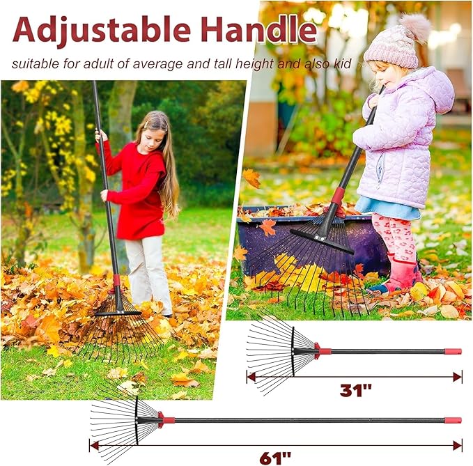 61 Inch Rake for Leaves , Adjustable 18 Tines with Expandable Head 9-18in Grass Rake Heavy Duty Metal Rakes for Women Children Yard Gardener Gardening Grass Debris Lawns