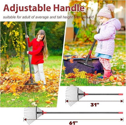 61 Inch Rake for Leaves , Adjustable 18 Tines with Expandable Head 9-18in Grass Rake Heavy Duty Metal Rakes for Women Children Yard Gardener Gardening Grass Debris Lawns