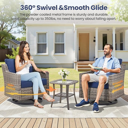 Patio Furniture Set, 9 Pieces Outdoor Wicker Rattan Sofa Couch with Swivel Rocking Chair, Side Table, Ottomans and Comfy Cushions, All Weather Patio Conversation Sets, Suit for Porch Deck