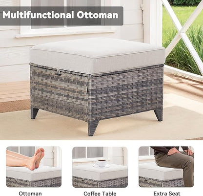Patio Furniture Set, 5 Pieces Outdoor Wicker Rattan Sofa Couch with Rattan Chair, Ottomans and Comfy Cushions, All Weather Patio Conversation Sets, Suit for Porch Deck Garden