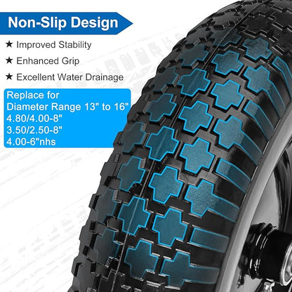 4.80/4.00-8" Flat Free Wheelbarrow Tire and Wheel, 14.5" Universal Fit Solid Tire with 5/8" or 3/4" Bearing, 3"-7" Hub, Adapter Kit Hand Truck Wheel Replacement for 3.50/2.50-8", 4.00-6"nhs etc