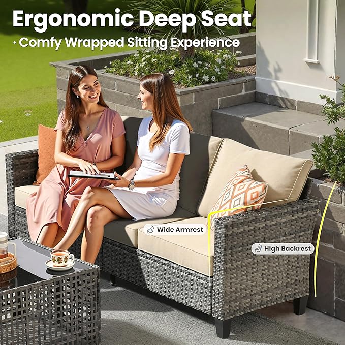 ovios 4 Pieces Patio Furniture Set Outdoor Sofa Couch with Solar Lights Table Comfy Cushions, Modern Deep Seat Wicker Rattan Conversation Set for Porch Deck, Beige