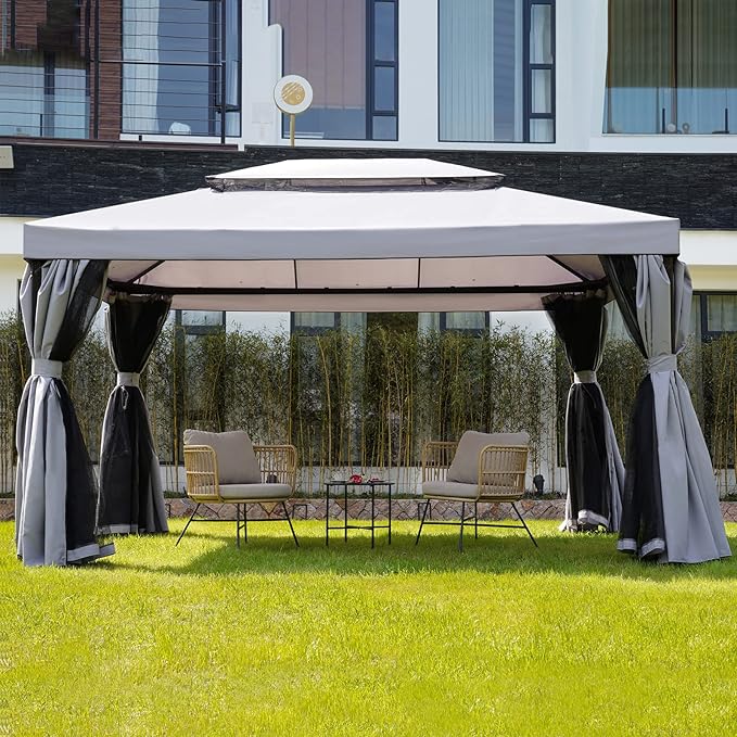 Grand Patio 10x13 Ft Outdoor Gazebo with Mosquito Netting and Curtains, Sturdy Straight Leg Tent Soft Top for Patios, Deck, Backyard