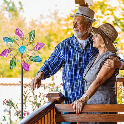Colorful Outdoor Wind Spinner, Kinetic Small Garden Windmill with Stake, Geometric Metal Pinwheels for Yard Patio Art Decor(B-Colorful-1PCS)