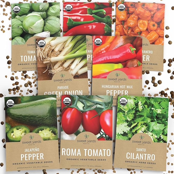Organic Salsa Garden Seeds Variety Pack - 8 Individual Packs - 2025 Season - Cayenne Pepper, Roma Tomato, Cilantro and More! for Indoor & Outdoor Planting (Non-GMO, Certified Organic)