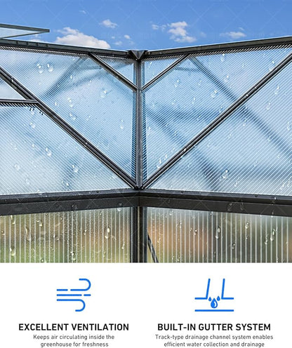 T-Shape Greenhouses, Polycarbonate Green House with UV Protection, Heavy Duty Greenhouse with Windproof Aluminum Frame, Roof Vent & Quick-Install Design for Backyard or Garden Use
