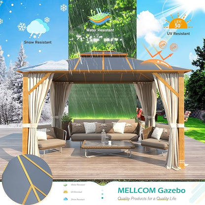 MELLCOM 10x12FT Hardtop Gazebo, Wooden Finish Coated Aluminum Patio Gazebo with Aluminum Composite Double Roof for Patio Lawn and Garden, Curtains and Netting Included