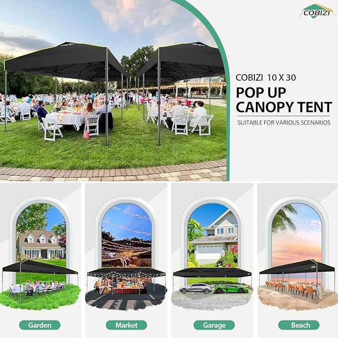 COBIZI 10x30 Pop Up Canopy with Air Vent Ez Pop Up Party 10x30 Canopies Tent Waterproof and UPF50+,Outdoor Canopy Tent for Parties Wedding Events,with Roller Bag, Sandbags, Black