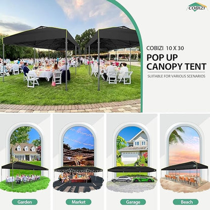 COBIZI 10x30 Pop Up Canopy with Air Vent Ez Pop Up Party 10x30 Canopies Tent Waterproof and UPF50+,Outdoor Canopy Tent for Parties Wedding Events,with Roller Bag, Sandbags, Black