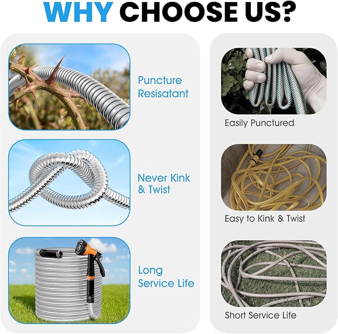 Garden Hose Metal 25 FT, Flexible Stainless Steel Water Hose with 10 Function Nozzle, Kink Free, Lightweight & Durable, Crush Resistant Fitting, Puncture Proof Hose for Yard, Rv, 600 PSI 2025 New