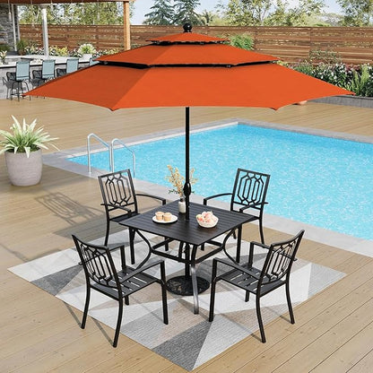 PHI VILLA 5-Piece Metal Patio Outdoor Table and Chairs Outdoor Dining Set - 37" Square Patio Table w/1.57" Umbrella Hole and 4 Backyard Garden Stackable Dining Chairs, Black