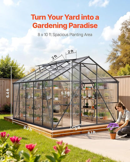 VEVOR 8 x 10 FT Polycarbonate Greenhouse, Heavy Duty Outdoor Green House with Adjustable Vents & Push-Pull Lockable Door, Quick Setup, Aluminum Frame Walk-in Greenhouse Sunroom for Outside Garden Lawn