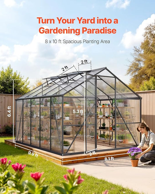 VEVOR 8 x 10 FT Polycarbonate Greenhouse, Heavy Duty Outdoor Green House with Adjustable Vents & Push-Pull Lockable Door, Quick Setup, Aluminum Frame Walk-in Greenhouse Sunroom for Outside Garden Lawn