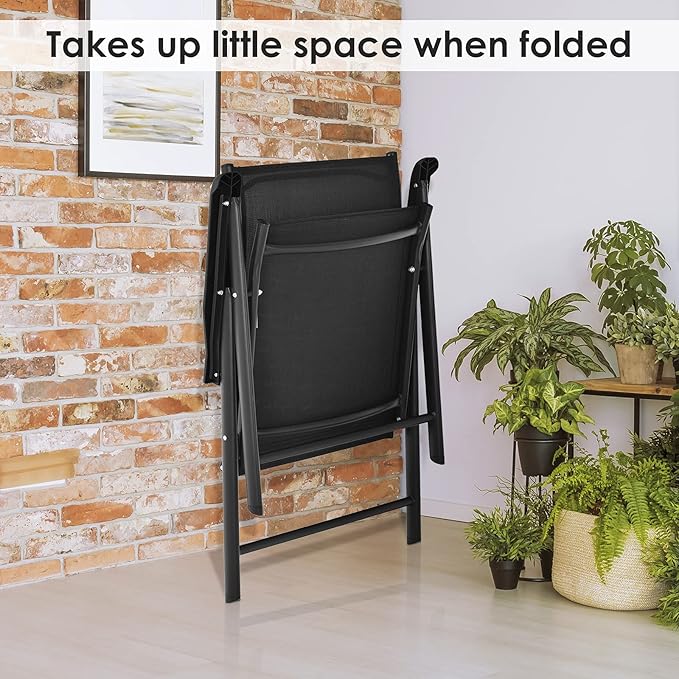 S AFSTAR Patio Chairs Set of 2, Outdoor Foldable Sling Chairs with Armrests, Folding Outdoor Chairs for Lawn Garden Backyard Poolside Porch (Black)