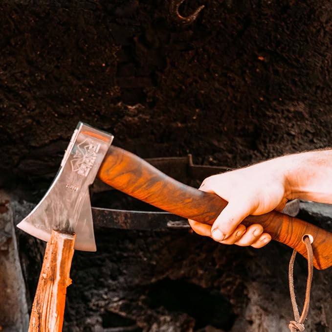 Prandi Axes German C45 Forged Carbon Steel Hatchet - Briar Hickory Handle with Leather String - Ideal for Camping, Travel and Bushcraft - 14" L x 6" W, 600g Polished Head 3.003.06.AH - No Sheath