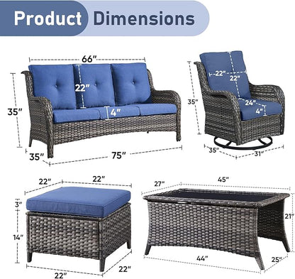 Wicker Outdoor Conversation Set-6 Pieces Outdoor Wicker High Back Couch with Swivel Rocker Chairs Patio Furniture for Deck Poolside Backyard-Grey/Blue