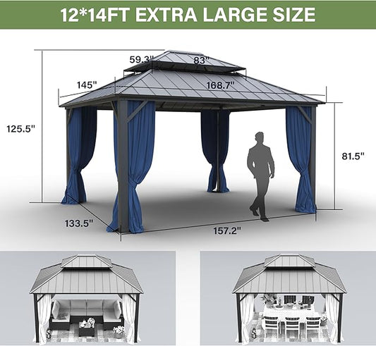 12' x 14' Hardtop Gazebo,Outdoor Galvanized Steel Metal Double Roof Gazebo with Curtains and Netting for Patios,Gardens,Lawns,Navy Blue