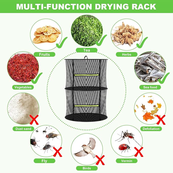 2 Layer Herb Drying Rack, Collapsible Mesh Drying Rack, Small Hanging Drying Net with Green Zipper & Hooks, Indoor Outdoor for Drying Herbs, Socks, Underwear, Seafood & Camping Food (11.81")