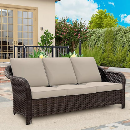 Vista Vibe 78" Patio Wicker 3-seat Sofa, Deep Seat Loveseat, Outdoor All-Weather Rattan Couch with Removable Cushions, Steel Frame Couch for Garden, Poolside (Beige)