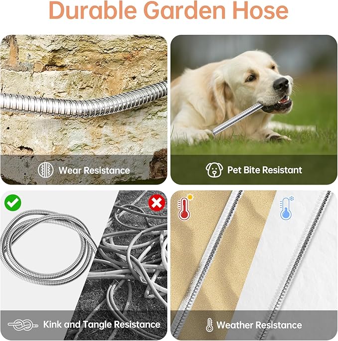 Stainless Steel Garden Hose 100 ft Heavy Duty Metal Water Hoses with 10 Function Water Hose Nozzles for Yard Outdoor