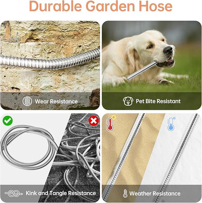 Stainless Steel Garden Hose 50 ft Heavy Duty Metal Water Hoses with 10 Function Water Hose Nozzles for Yard Outdoor