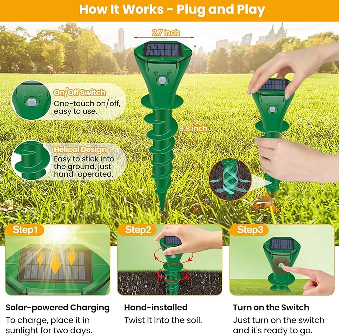 Mole Repellent Solar Powered Ultrasonic,4 Pack Gopher Repellent Outdoor for Lawn Garden Yard,Waterproof Mole Killer Traps,Sonic Spikes Get Rid of All Pests Gopher Vole Groundhog Chipmunk Snake-Green