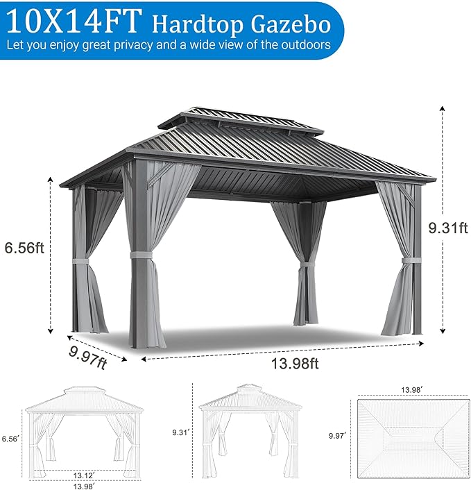 WKM 10x14 FT Hardtop Gazebo with Heavy Duty Galvanized Steel Double Roof, Aluminum Frame Permanent Pavilion with Curtains and Netting, Outside Canopy Gazebo for Patio, Deck and Backyard,Gray